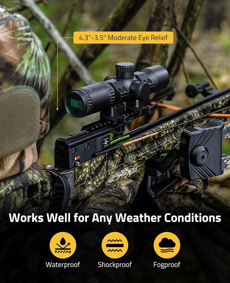 CVLIFE 1.5-5x32 Crossbow Scope, 20-100 Yards Rangefinder Ballistic Reticle, 300-460 FPS Red Green Illuminated Compact Crossbow Scope for Hunting with 20mm Scope Rings - Image 4